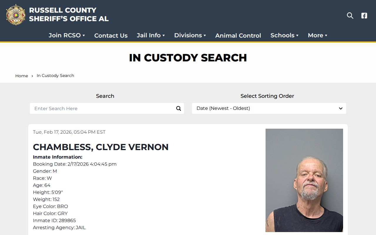 Russell County Jail official in-custody roster and booking record search