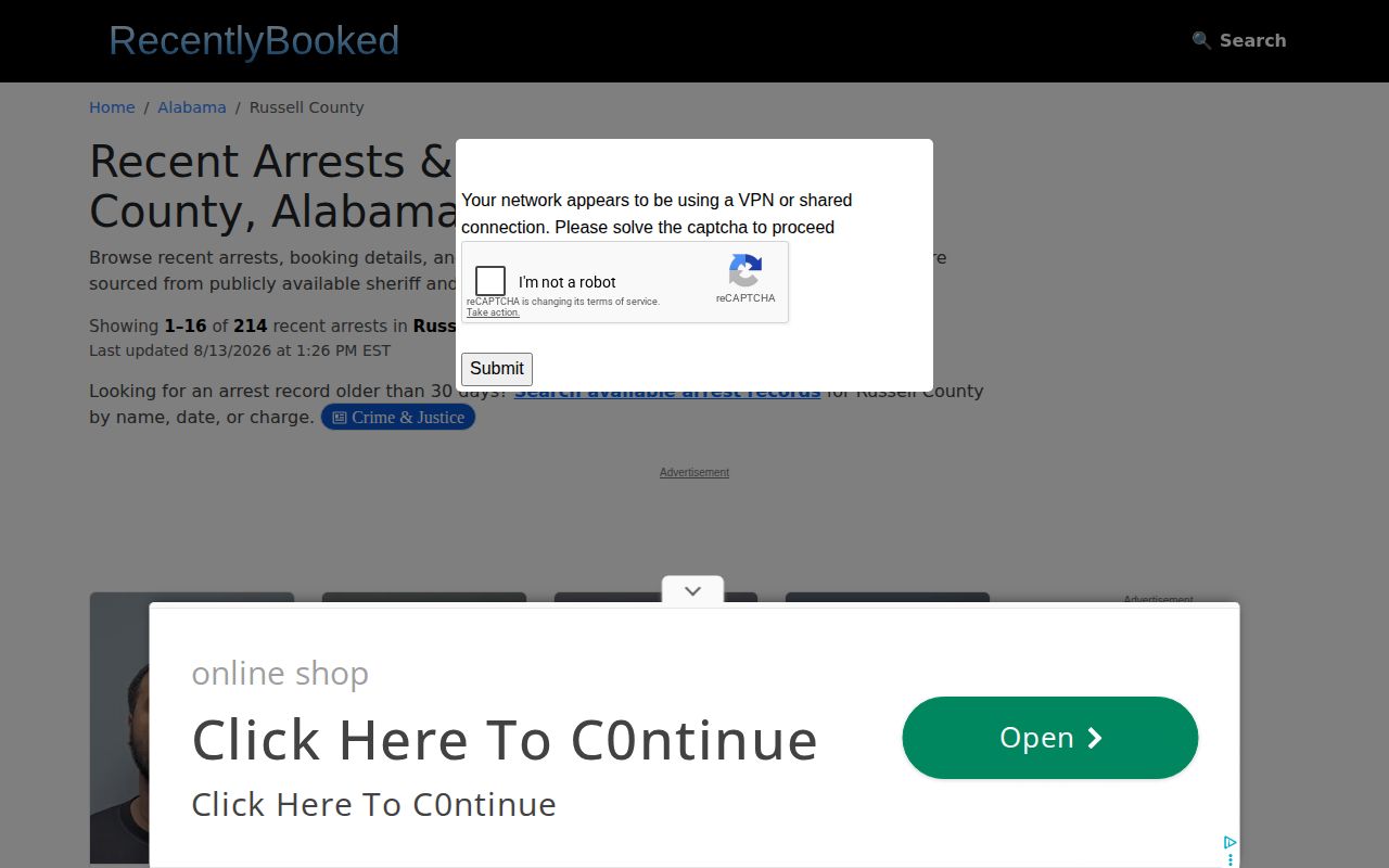 Unofficial Russell County 30-day booking record window for comparison